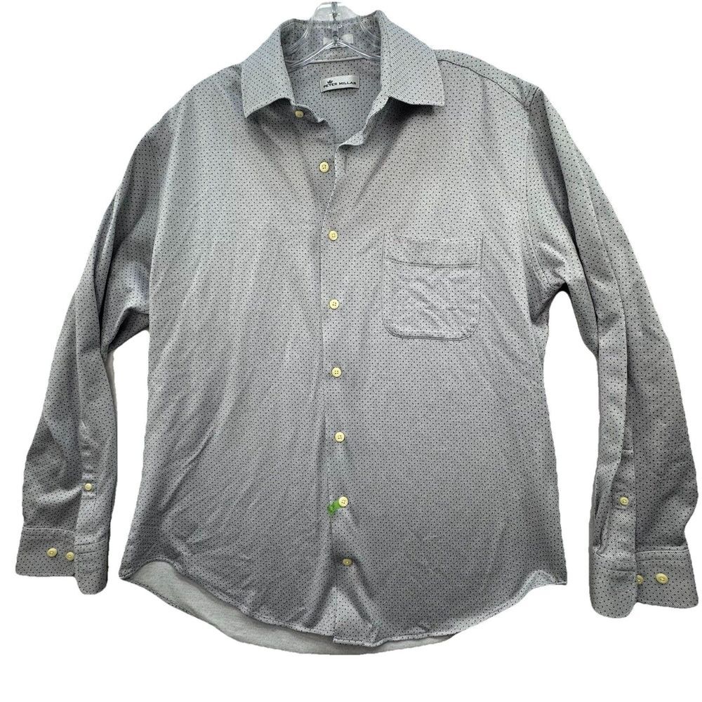 Peter Millar‎ Mens Shirt Large Button Up Shirt Stretch Grey / Blue Long Sleeve